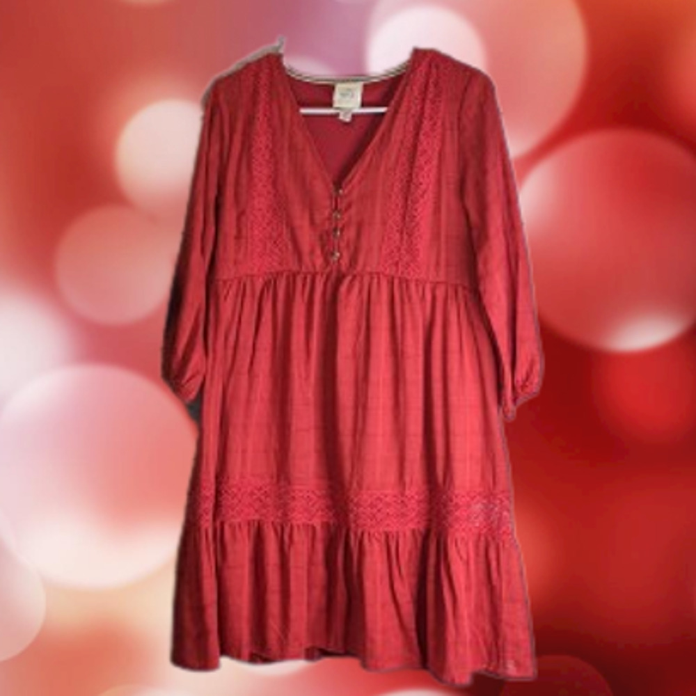 Knox Rose XS NWOT red boho eyelet 3/4 sleeve dress. office, party, travel.